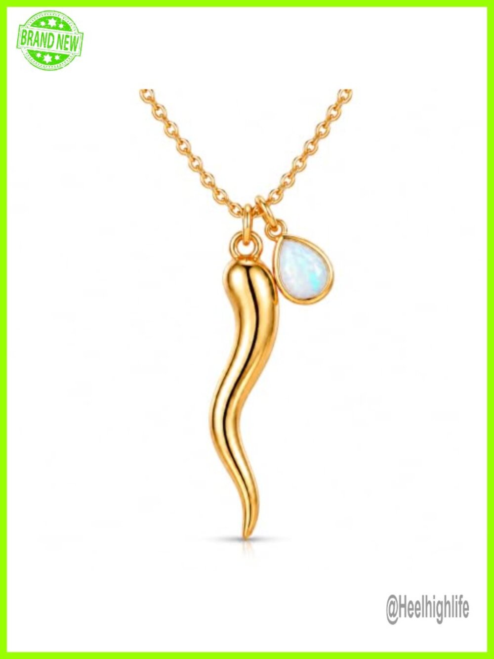 Italian Horn Cornicello Pendant Necklace 14K Gold Plated Brass White Opal
